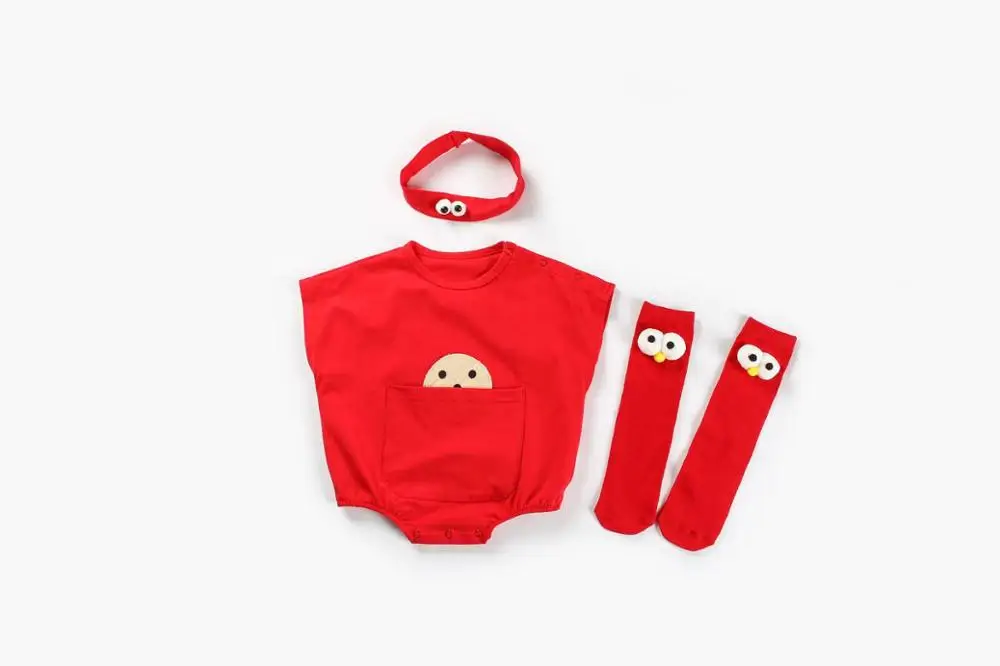 Детские комбинезоны+ повязка на голову+ носки комбинезоны с коротким рукавом Одежда для новорожденных Roupas de bebe комбинезон и одежда для мальчиков и девочек - Цвет: Красный