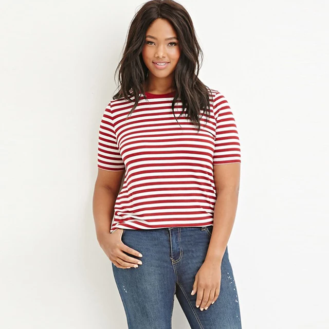 Plus Size 5xl Women Fashion Summer Red Stripe T Shirt Loose Large Size