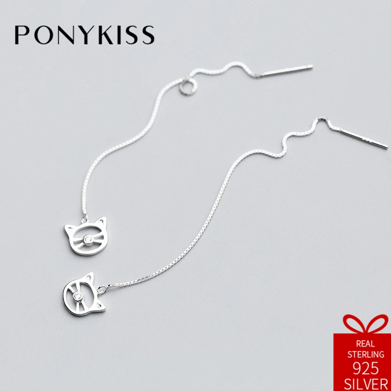 

PONYKISS Cute S925 Sterling Silver Zircon Little Cat Hollow Long Dangle Drop Earrings Women Fine Elegant Jewelry Accessory Gift