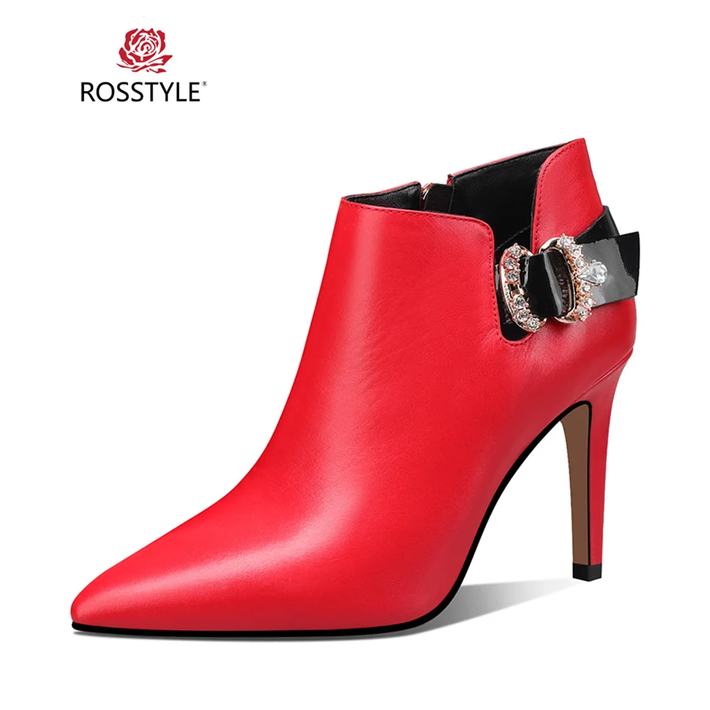 

ROSSTYLE 2018 Fashion Winter Warm Ankle Boots Quality Sheepskin Solid Buckle Decoration Boot Pointed Toe Thin Heel Lady Boot B36