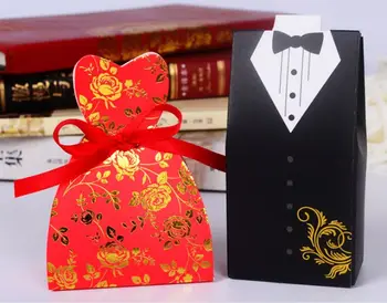

100 pcs / 50 pairs Free Shipping Papercard Black & Red Bride & Groom Style Wedding Favors Candy Boxes Chocolate Gift Box