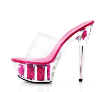 

Shoe Woman Platform Sandals Summer Multicolor Rose Flower Slides Waterproof 15cm Nightclub Sexy High-heeled Shoe Plus-size 34-43