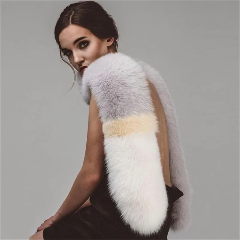 Goedkoop RUNMEIFA Nieuwe Winter Effen Patchwork Vos Bont Vrouwen Sjaal Luxe Mode Sjaals Kraag Elegante Zachte Vrouwelijke Lange Warmer Cape