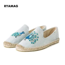 Новое поступление года; удобные женские повседневные Эспадрильи с вышивкой в виде синего Фламинго; дышащая льняная парусиновая обувь из пеньки