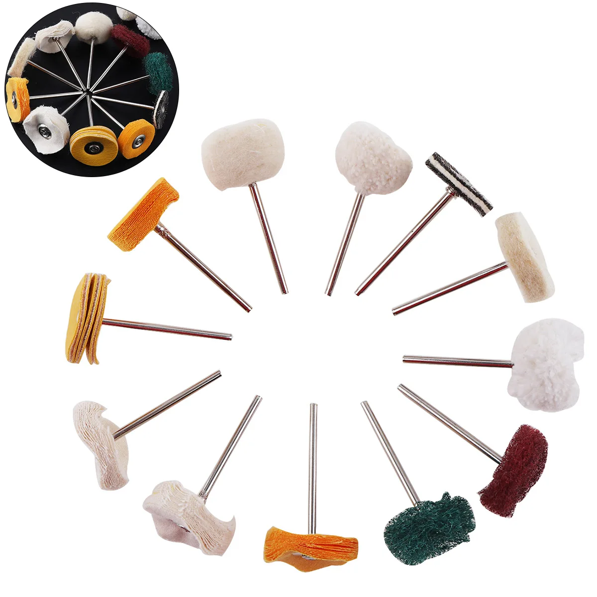 

12pcs/set Mini 2.35mm Shank Wool Brush Polishing Wheels Kit with Scouring Pad Wool Ball Cow Sheepskin Brush for Rotary Tool