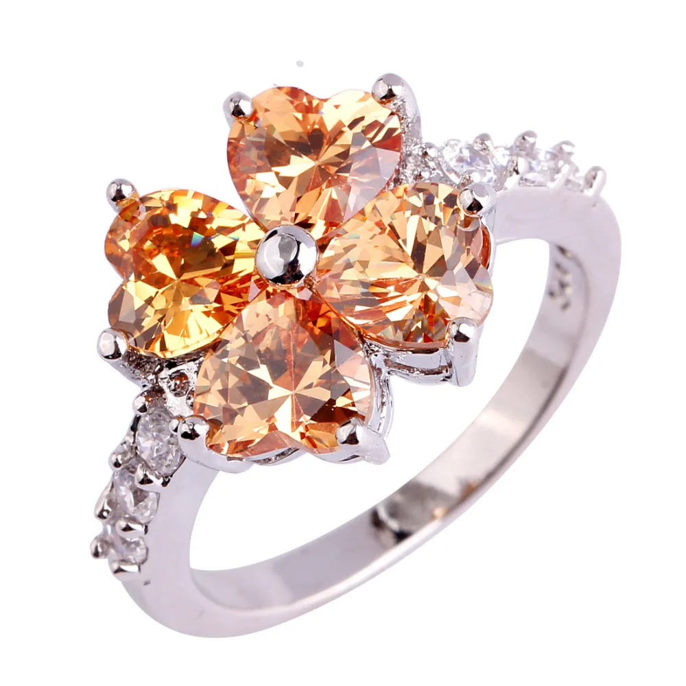 Lingmei Heart Four Leaf Clover Lucky Jewelry Fashion Women Rings Champagne Morganite Silver Ring 