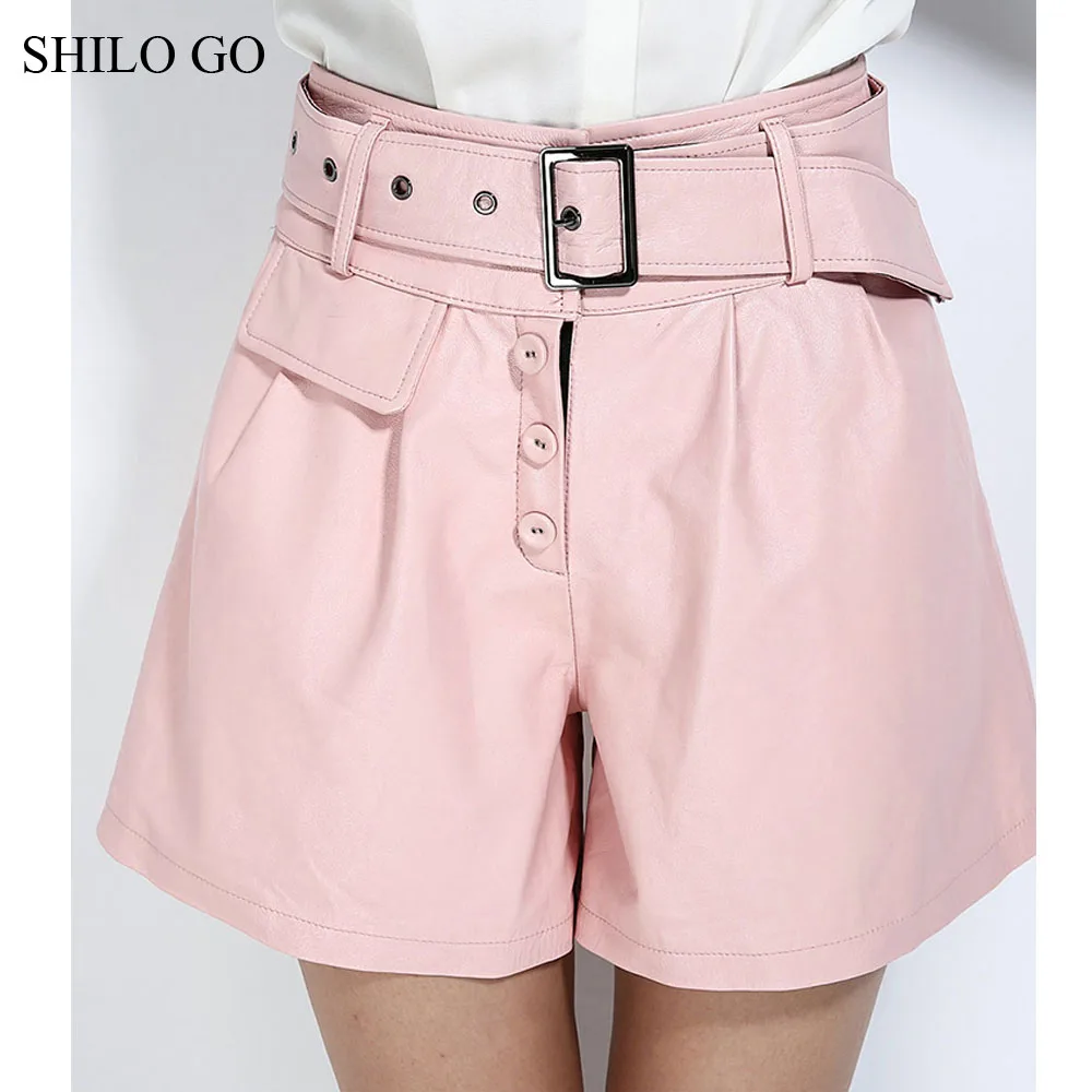 SHILO GO кожаные Комплекты женские осенние модные костюмы из натуральной овечьей кожи Розовый однобортный жилет металлический пояс широкие шорты