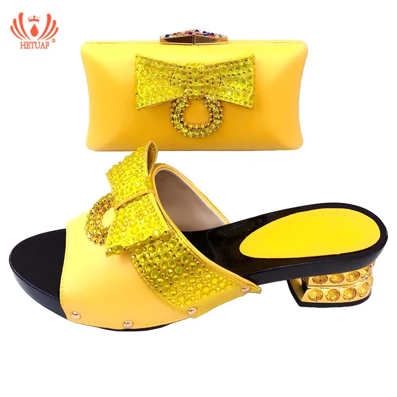 

New Yellow Color Comfortable Heels Italian Shoes with Matching Bag for Woman Nigerian Shoes and Bag Set with Crystal for Wedding