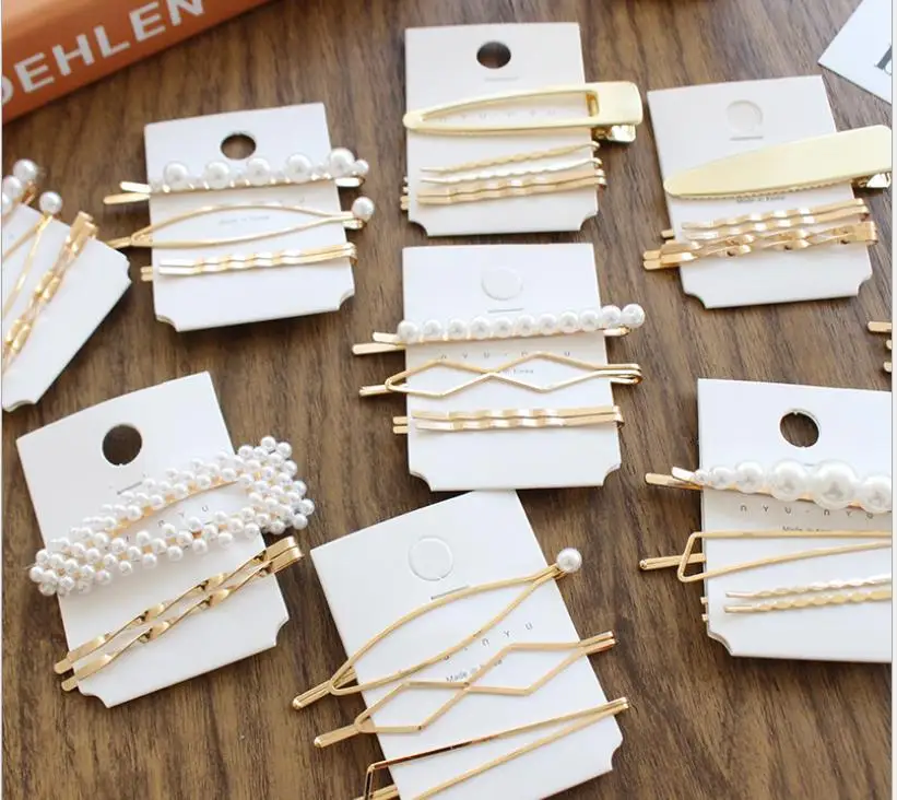 

1 set of metal pearl hairpin combination Minimalist sweet wind bangs clip word clip side clip hairpin hairpin hair accessories
