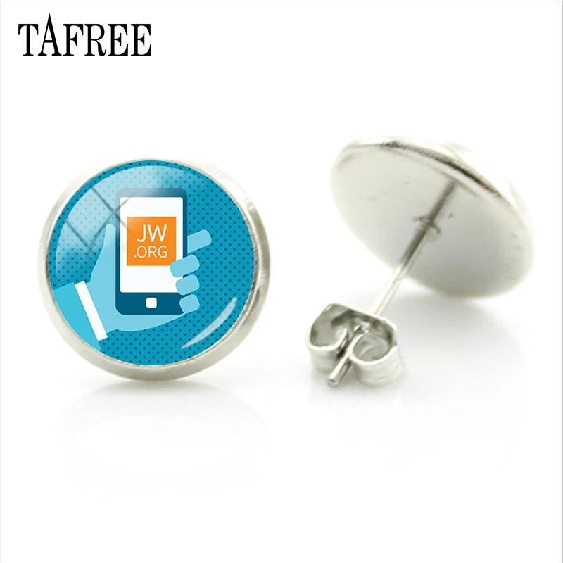 

TAFREE Hot Sale JW.Org Stud Earrings Mobile Phone Picture Simple Design Cabochon Dome Personality Jewelry QF44