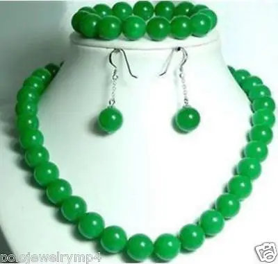 

Jewelry 10mm green Natural stone beads necklace Bracelet set>AAA GP Plated gold Bridal wide watch wings queen JEWE