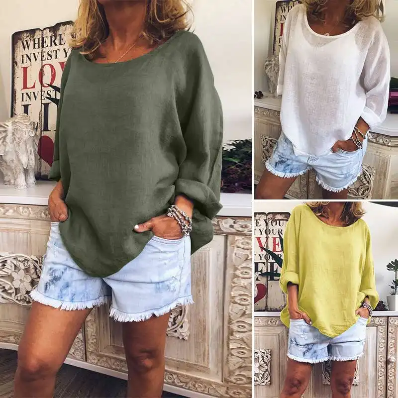 Plus Size Women Casual Solid Blouse ZANZEA Female Long Sleeve Thin Shirt Loose Cotton Tunic Ladies Outwear Tops Blusas Chemise