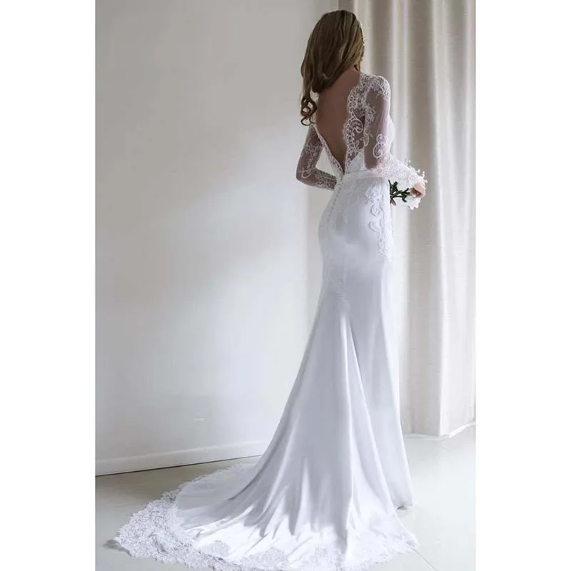 

Sexy 2019 Backless Lace Mermaid Wedding Dress Long Sleeve Bridal Gowns Elegant Appliques Muslim Vestido De Noiva