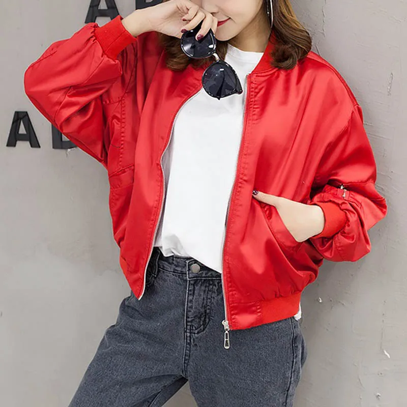 

Women Solid Bomber Stand Collar Jackets Woman's Long Sleeve Zipper Windbreaker Coats Autumn Winter Outerwear Casual Tops Female