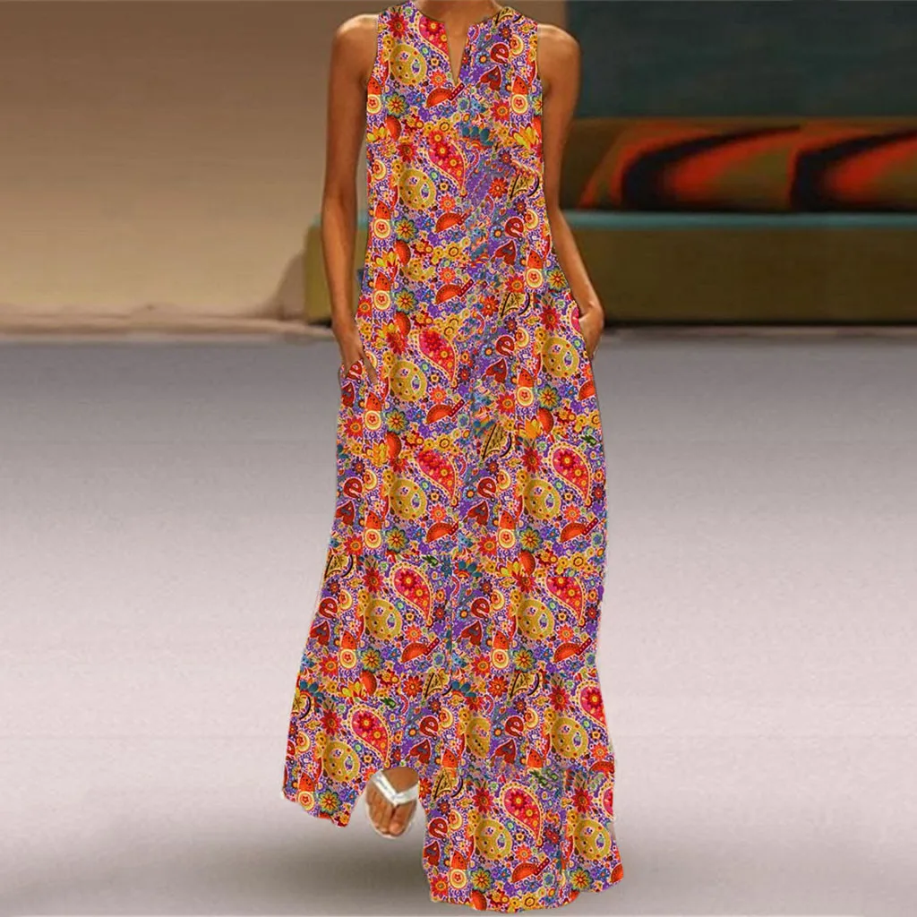 

2019 Plus Size Women Vintage V Neck Splicing Floral Printed Sleeveless Maxi Dress robe longue femme ete floral maxi dress #3