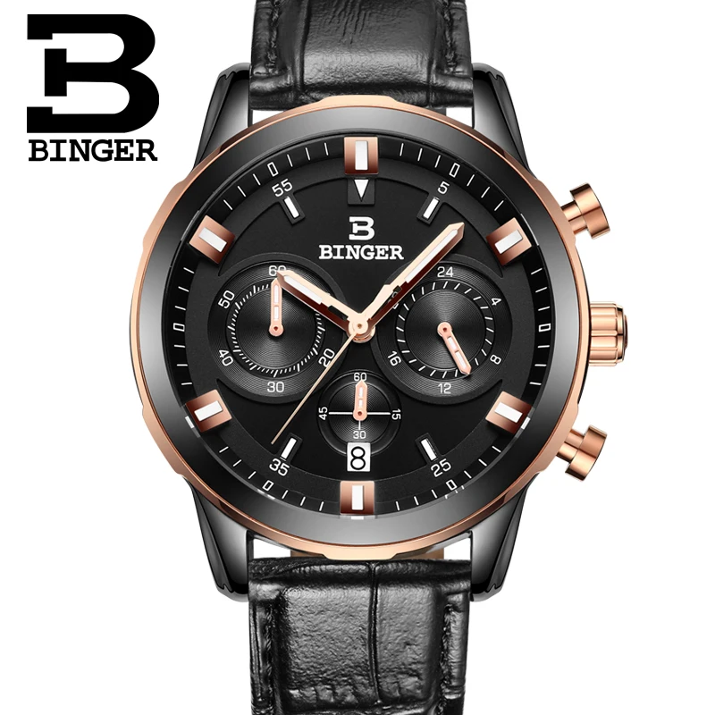 ФОТО 2017 Switzerland luxury watch men BINGER brand quartz full stainless Wristwatches Chronograph Diver glowwatch B9011-8