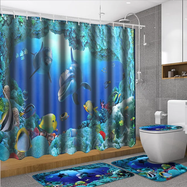 180x180cm Shower Curtain 4pcs Set Bath Mat Ocean Dolphin Deep Sea 180x180cm Shower Curtain 4pcs Set Bath Mat Ocean Dolphin Deep Sea Bathroom Waterproof With