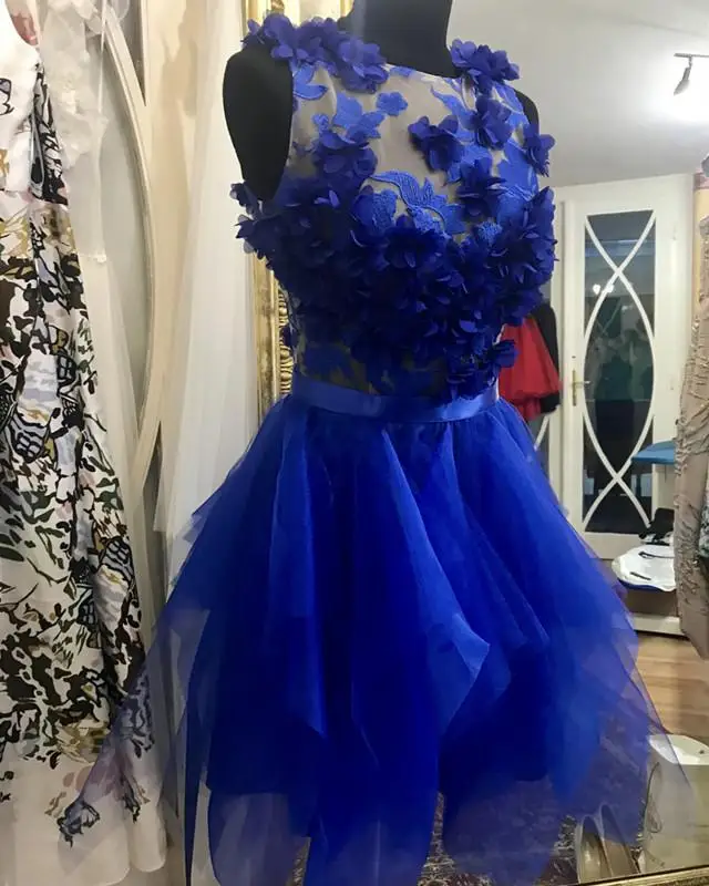 Прелестное Королевское голубое 3D цветок коктейльные платья асимметричное кружевное платье мини Бальные вечерние платье на пуговицах короткая Для женщин Свадебные платья Vestidos - Цвет: Синий