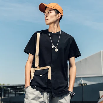

2019 Spring New Loose Tide Male Original Pocket Japanese Trend Large SizeFive-point Sleeve Round Neck Wild Casual T-shirt