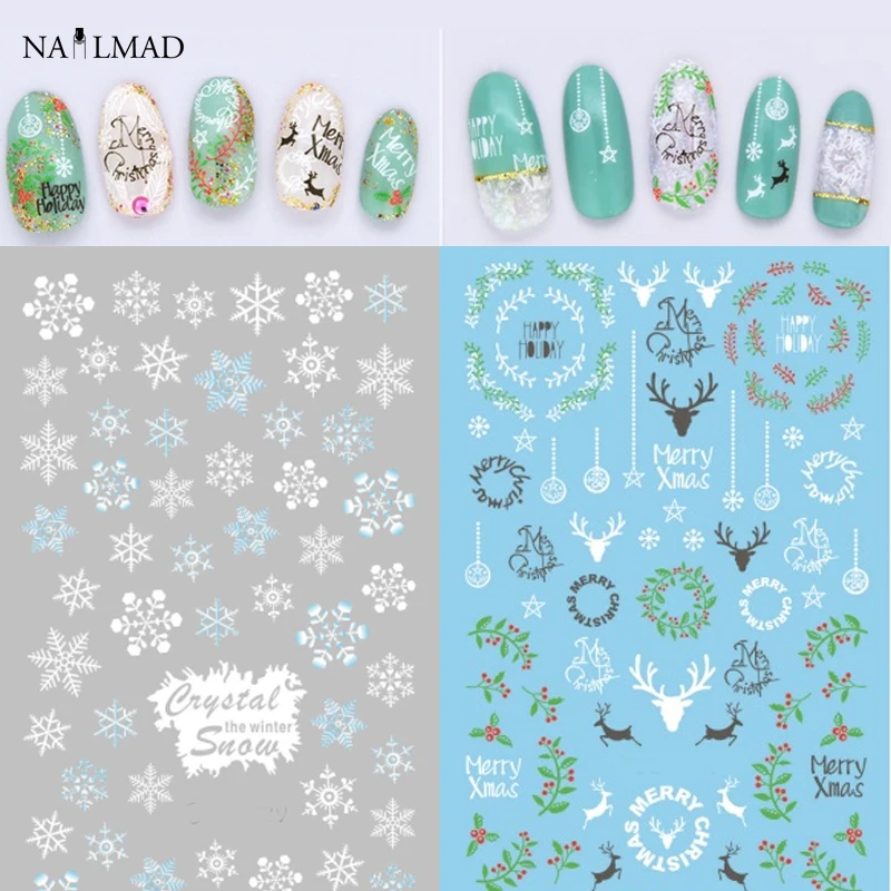 1 лист NailMAD Снежинка Водные Наклейки для ногтей рождественские переводные наклейки для ногтей s Рождественский олень наклейки для ногтей украшения для тату