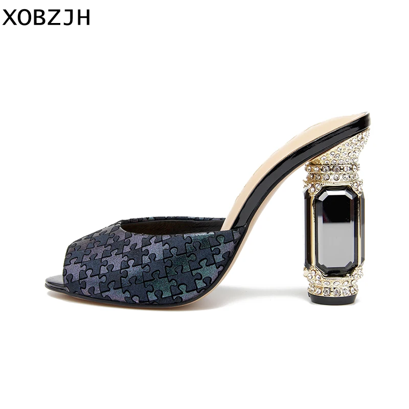 

Luxury Paris Women High Heels Sandals Summer Shoes 2019 Ladies Wedding Blue Leather Sandals Slippers Shoes Woman Big Size us 11