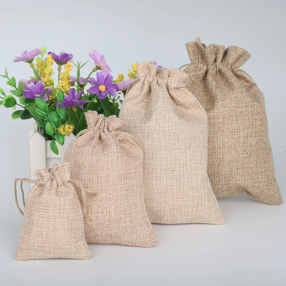 5PCS Natural Burlap Hessia Jute Cotton Linen Gift Bags Wedding Party Favor Holder Drawstring Jewelry Muslin Christmas Pouch