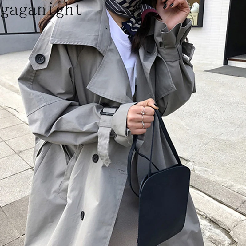 

Gaganight Spring Autumn 2019 Korean Fashion Double Breasted Mid-long Trench Coat Mujer Loose Belt large size Windbreak Outwear