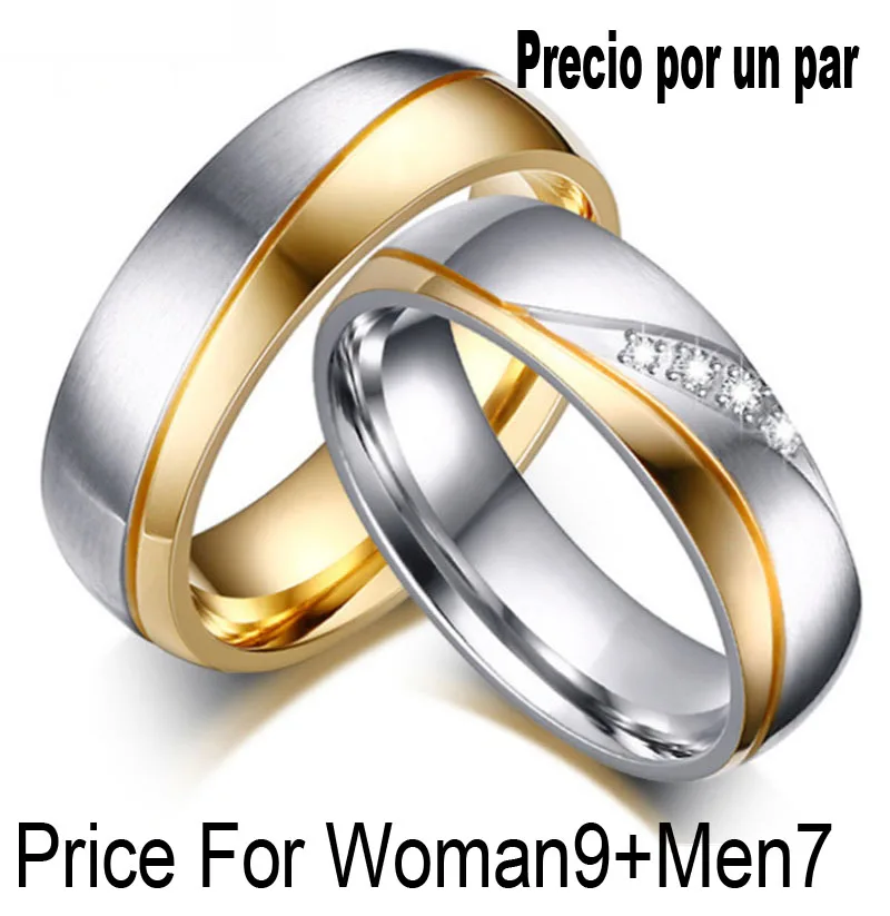 1 пара Романтические свадебные кольца для возлюбленной золотого цвета парные кольца из нержавеющей стали для помолвки вечерние ювелирные изделия обручальные кольца - Цвет основного камня: Woman9Men7