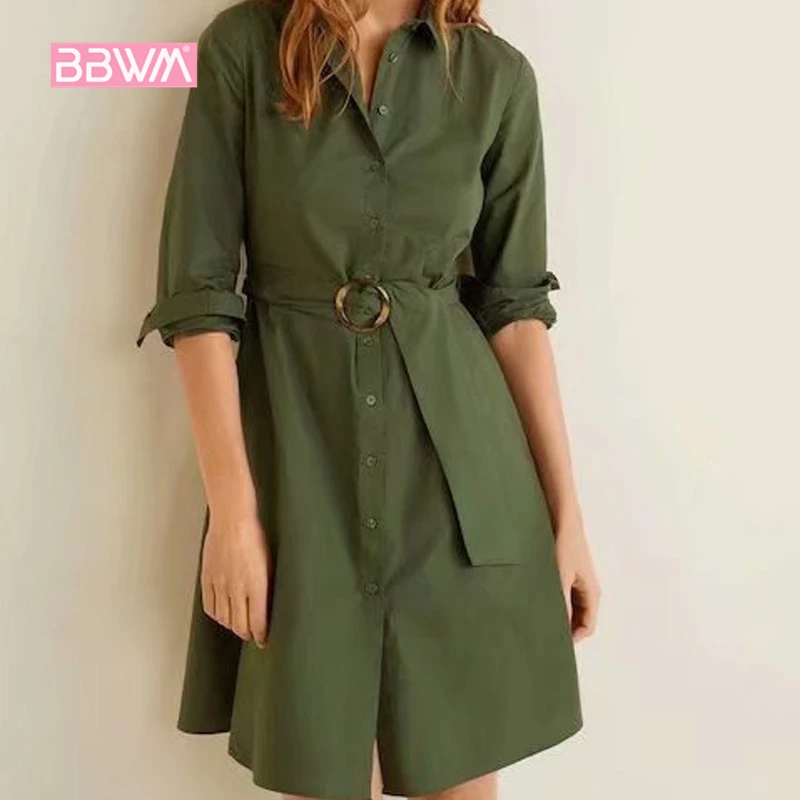 

2019 summer new women's belt buckle buckle three-point sleeves women's dress green