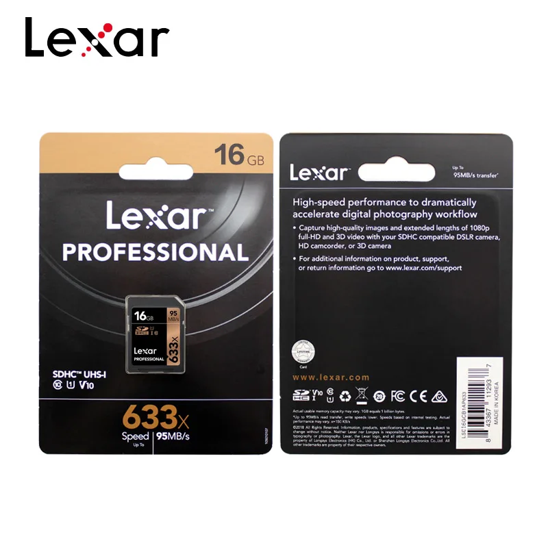 Lexar 95 м/с 633x16G 32 ГБ U1 SDHC 64 Гб 128 ГБ 256 ГБ U3 sd-карта SDXC класс 10 V10 карта памяти для видео камеры 1080p 3D 4K