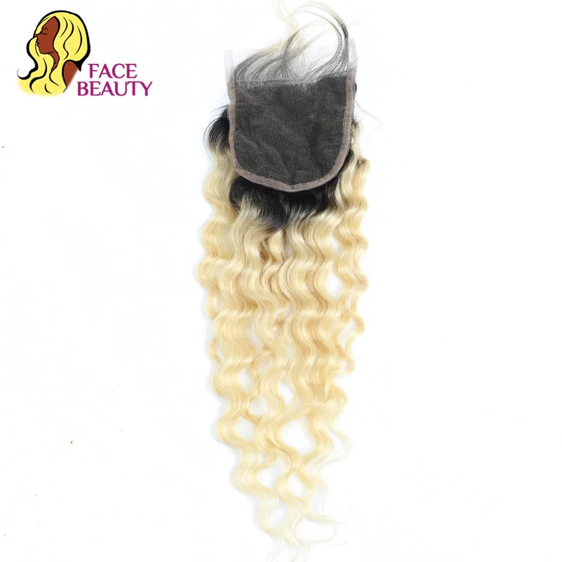 

Facebeauty Ombre 1B/613 Blonde 2 Tone Dark Roots Brazilian Curly Closure Bleached Knots 22 Inch 4x4 Remy Human Hair Lace Closure