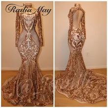 Черные платья для выпускного вечера в стиле Русалочки без спины с золотыми блестками для девочек торжественное платье с длинными рукавами и высоким воротом в африканском стиле длинные элегантные вечерние платья года