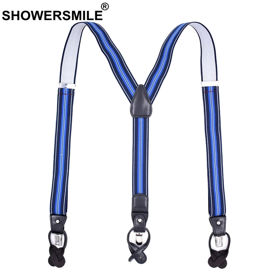

SHOWERSMILE Blue Stripe Suspenders Men Buttons 3 Clips Braces Man Vintage Women Plus Size 125cm Y Back Male Suspender Belt