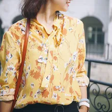 EQ 100% silk yellow flower print long sleeve ladies ribbon bow shirt women soie blouse spring autumn