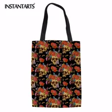 INSTANTARTS панк Винтаж череп с цветочным принтом Для женщин лен сумки повседневная женская обувь покупки Сумки модные брендовые сумки на плечо
