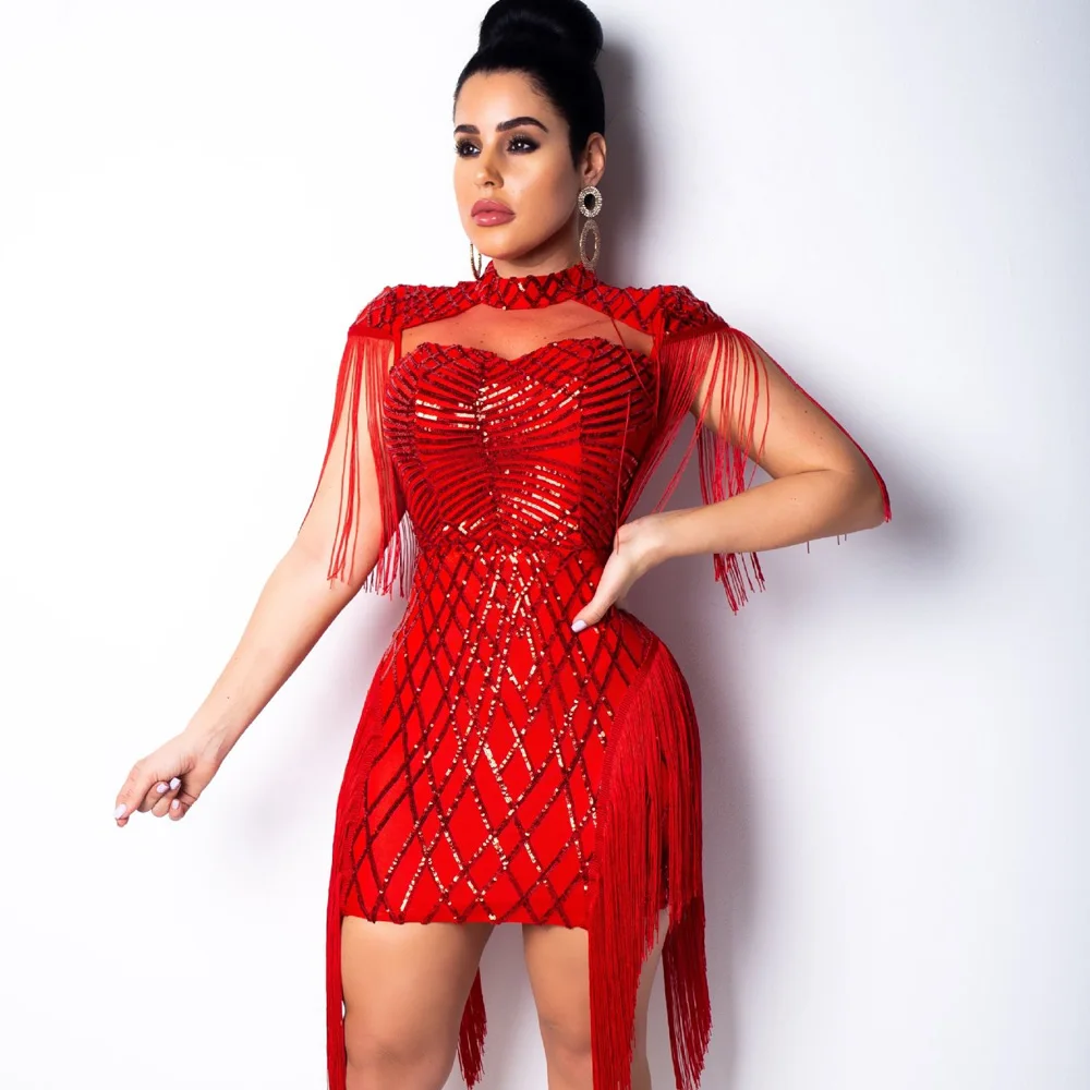 

2019 Short Sleeve Sexy Halter Bandage Club Party Mini Dress Bodycon Fashion Squined Tassels Women Package Hip Red Black Dresses