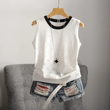 

2019 New Spring Summer O Neck Women Knitting Tops Solid Color Hollow Out Sleeveless Tanks Female Basic Knitted Top Loose