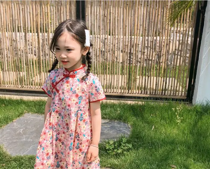 Платье в китайском стиле для маленьких девочек; детская летняя винтажная одежда с цветочным принтом; Qipao; праздничное платье для дня рождения; детское платье