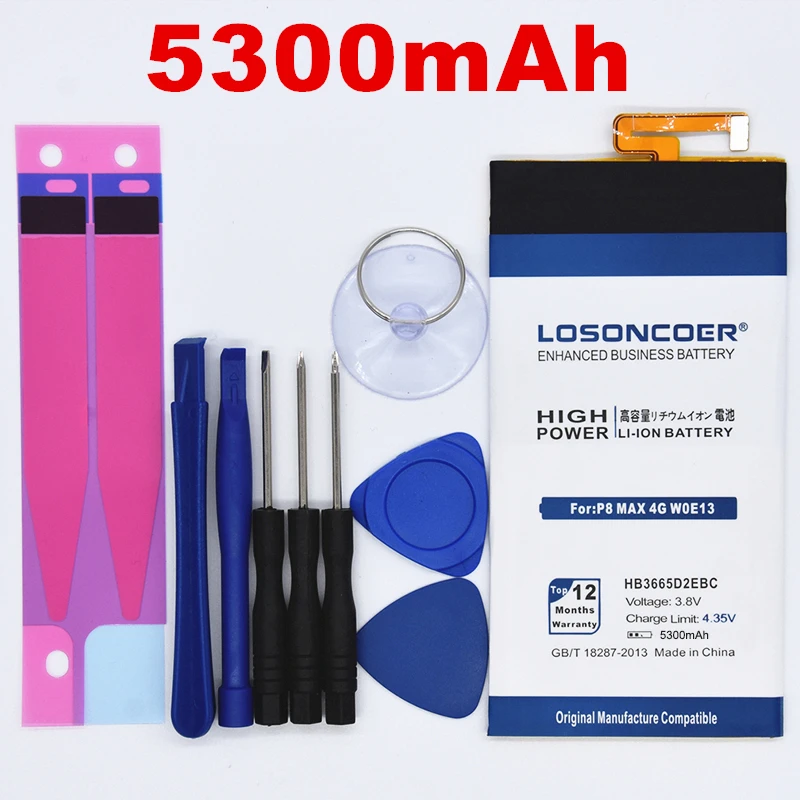 

100% Original LOSONCOER HB3665D2EBC 5300mAh Battery For Huawei P8 Max 4G T40 W0E13 Replacement Li-ion Phone Batteries