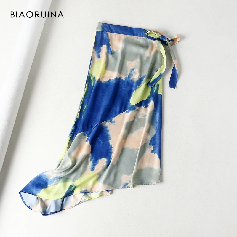 

BIAORUINA Women's Fashion Ink Printing Asymmetrical Skirt Side Zipper Sashes Female satin Summer Chic High Waist Skirts