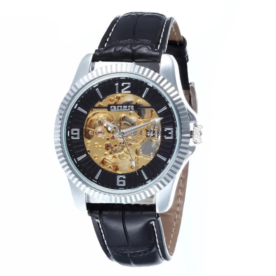 GOER brand Skeleton man automatic watch Male wrist watches Leather mechanical waterproof Luminous digital