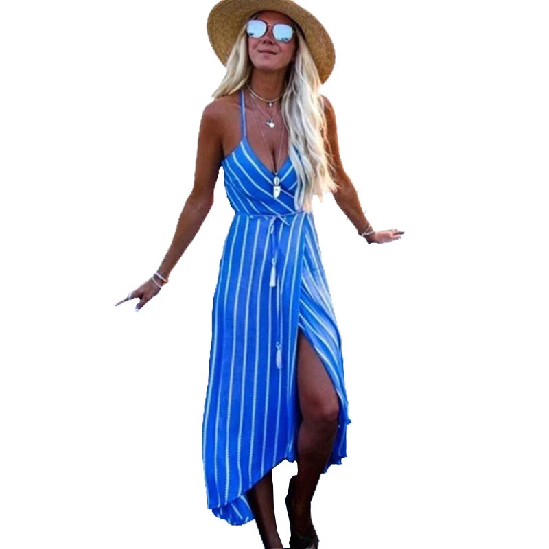 

2018 Women Summer Strap Dress Sexy Deep V Neck Striped Female Fashion Beach Dresses Sleeveless Vestidos Casual Robe Dropship