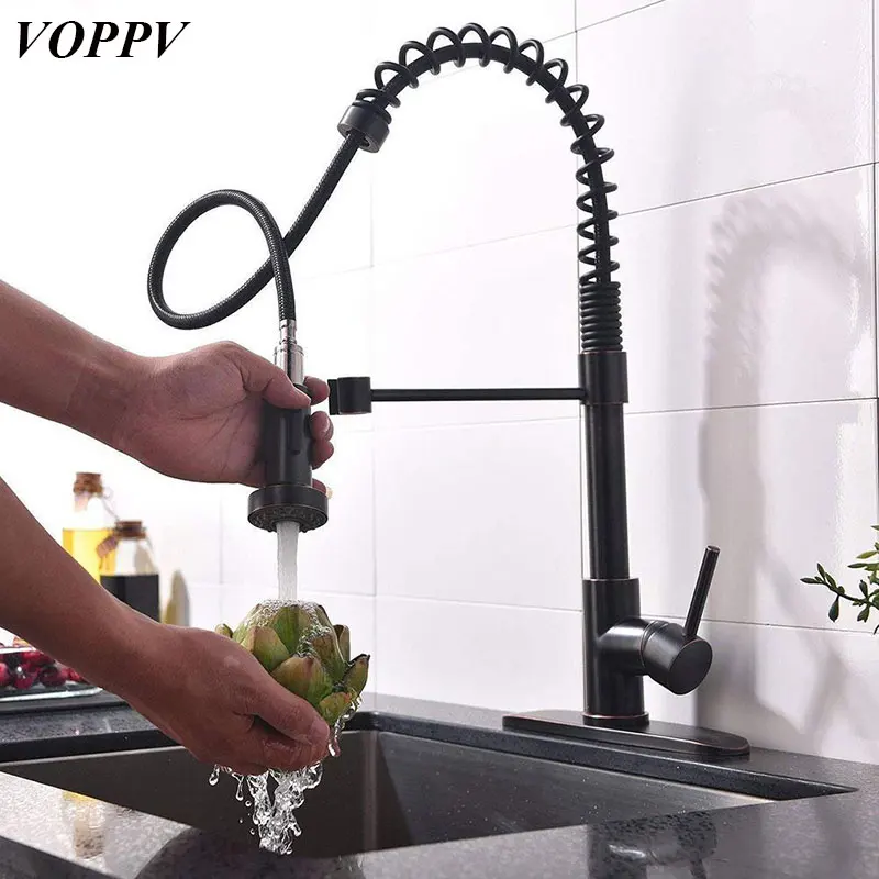 

VOPPV Kitchen Pull out Black ORB Mixer Sink Faucet Copper Faucet Hot and Cold Water Deck Mounted Unique Solid Kitchen Faucets