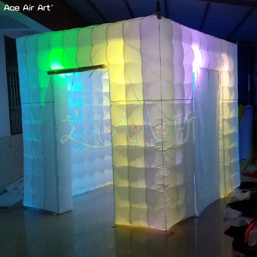 2.4m rainbow led cube inflatable photo booth backdrop,wedding party photo canopy with 2 foldable door and free logo for sale