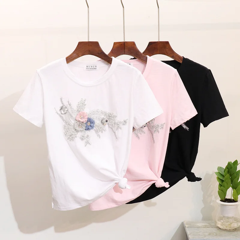 Весна Лето Camiseta Mujer модные женские топы Таиланд Мода o-образным вырезом короткий рукав футболки цветочный принт блесток Футболка