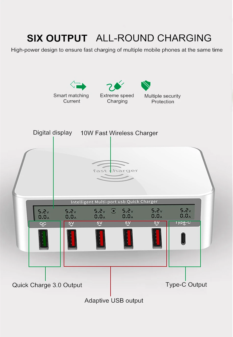 Amstar 10 Вт Qi Беспроводное зарядное устройство 5 В/8A 6USB зарядное устройство для телефона Быстрая зарядка 3,0 type C Быстрая зарядка для iPhone X XS 8 samsung S9 S8