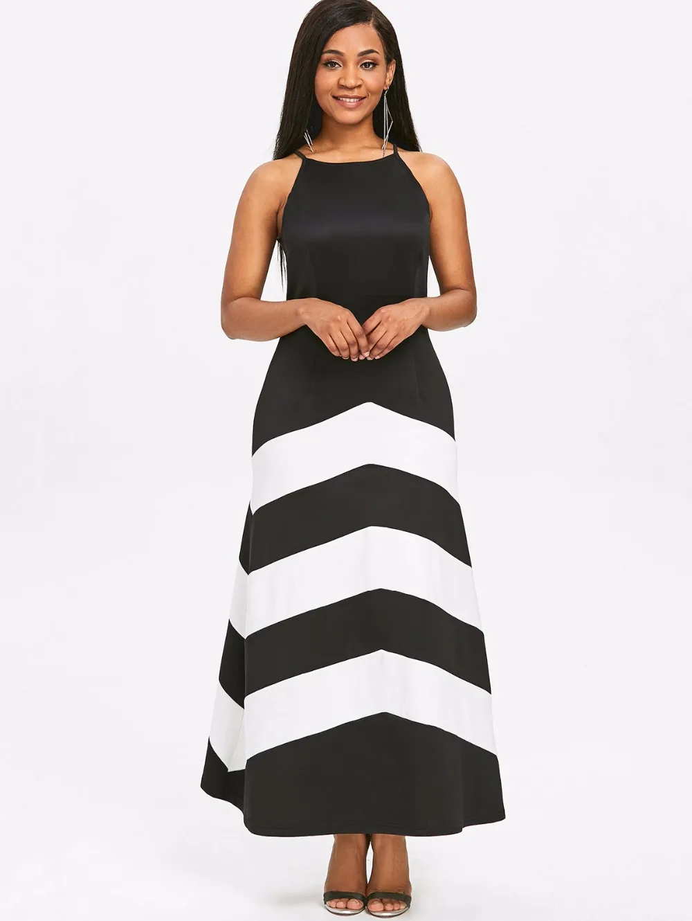 VESTLINDA Black White Striped Dress 2018 Summer Women Fashion Casual Robe Femme Maxi Dress Lomg Vestido Sleeveless Vest Dress 1