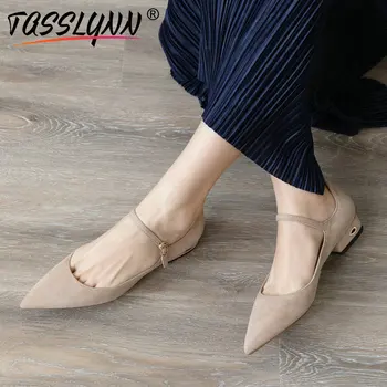 

TASSLYNN 2019 Women Pumps Heels Ankle Strap Square Heels Shoes Kid Suede Pointed Toe Low Heels PU Ladies Shoes Buckle Size 34-40