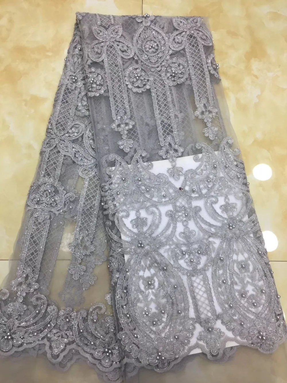 

French lace fabric 5yds/pce dhl grey beaded sequins embroidery fabrics women bright gorgeous luxury party event dress 2019 new