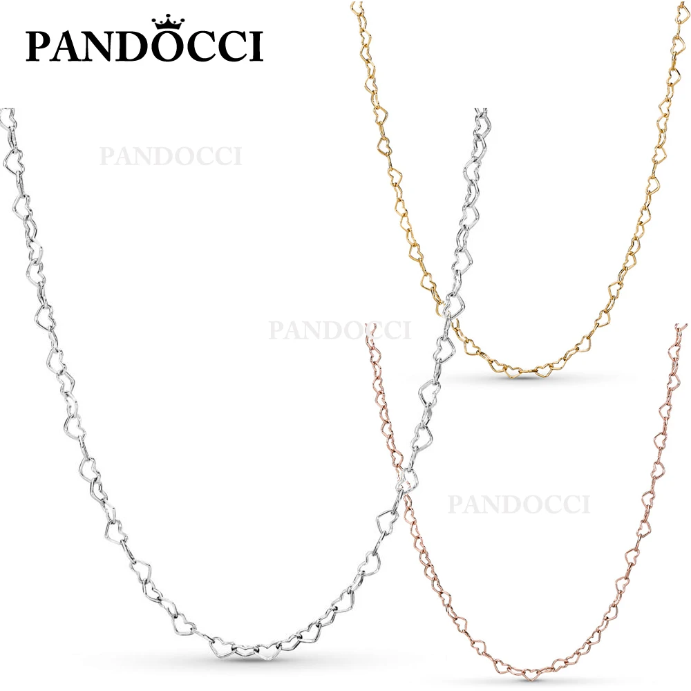 

PANDOCCI 100% 925 Sterling Silver New Spring Rose Gold Shine Joined Hearts Necklace Chain Women's Fashion Clavicle Chain